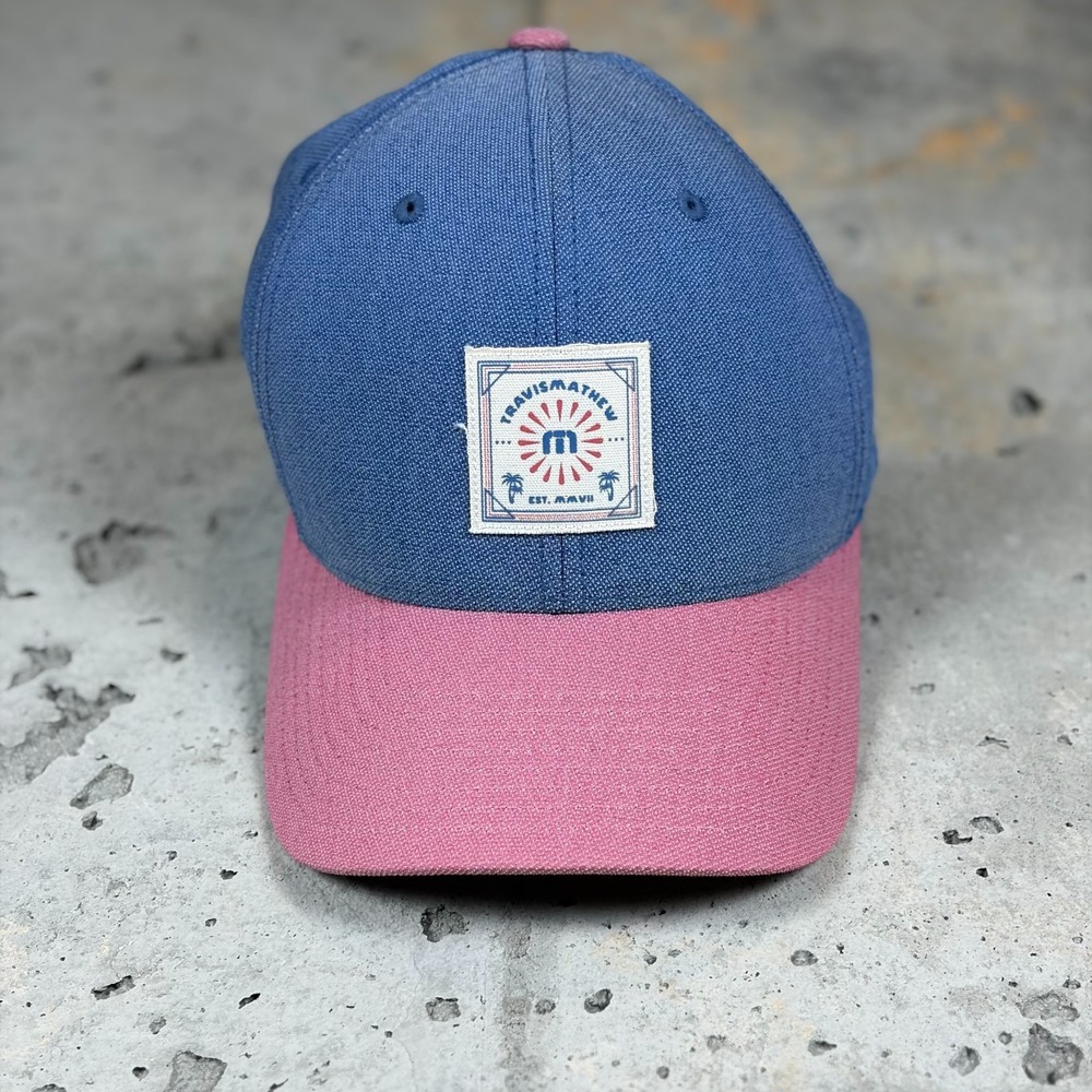 TravisMathew Flexfit 110 Desert Days Snapback Golf Hat Mens Blue Pink Cotton